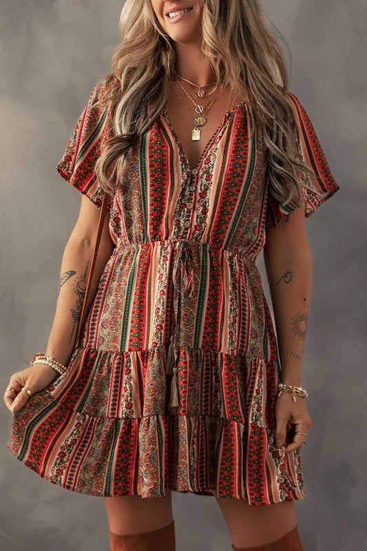 Bohemian Floral Print Buttoned V Neck Ruffle Tiered Dress - Tigbul's Variety Fashion Shop