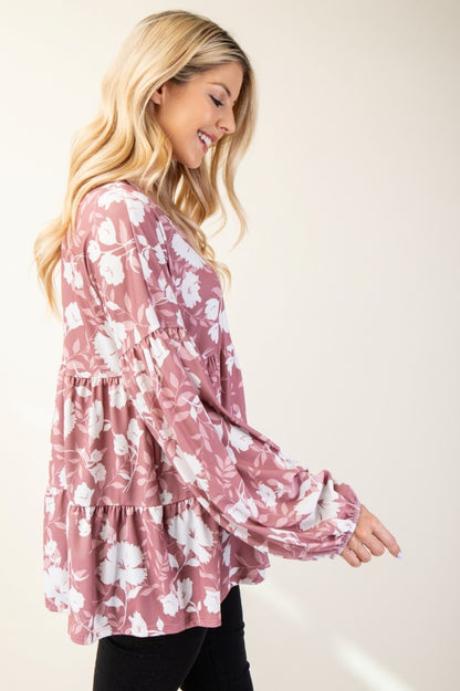 Celeste Full Size Tiered Floral V-Neck Long Sleeve Blouse - Tigbul's Variety Fashion Shop