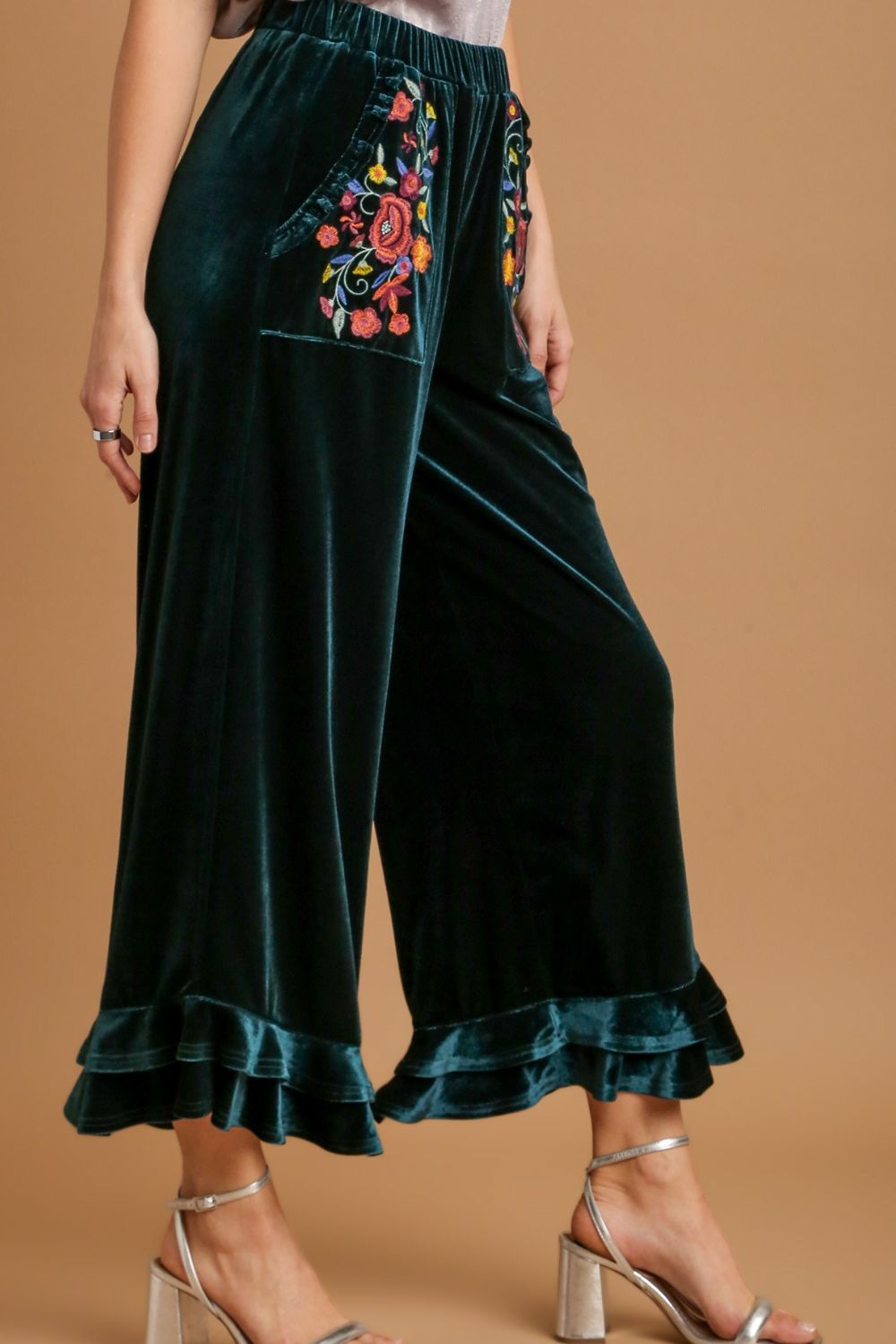 Green Wide Fit Ruffle Velvet Pants with Embroidery - Tigbul's Variety Fashion Shop