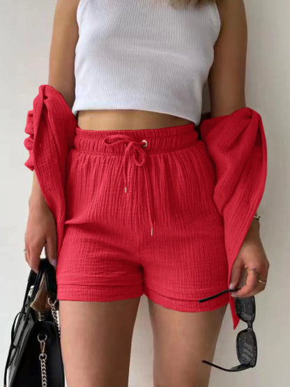 Textured Button Up Shirt and Shorts Set - Tigbul's Variety Fashion Shop
