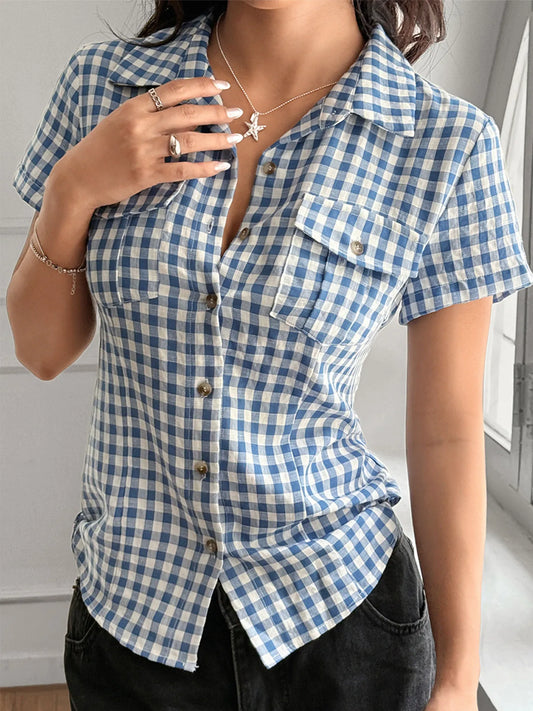 Gingham Check Short Sleeve Button-Up Shirt - Tigbul's Variety Fashion Shop