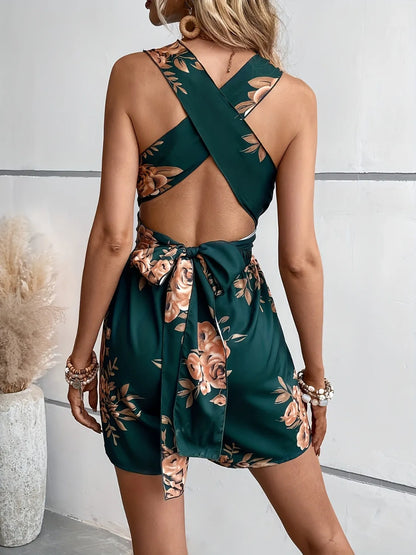 Crisscross Back Printed Romper - Tigbul's Variety Fashion Shop