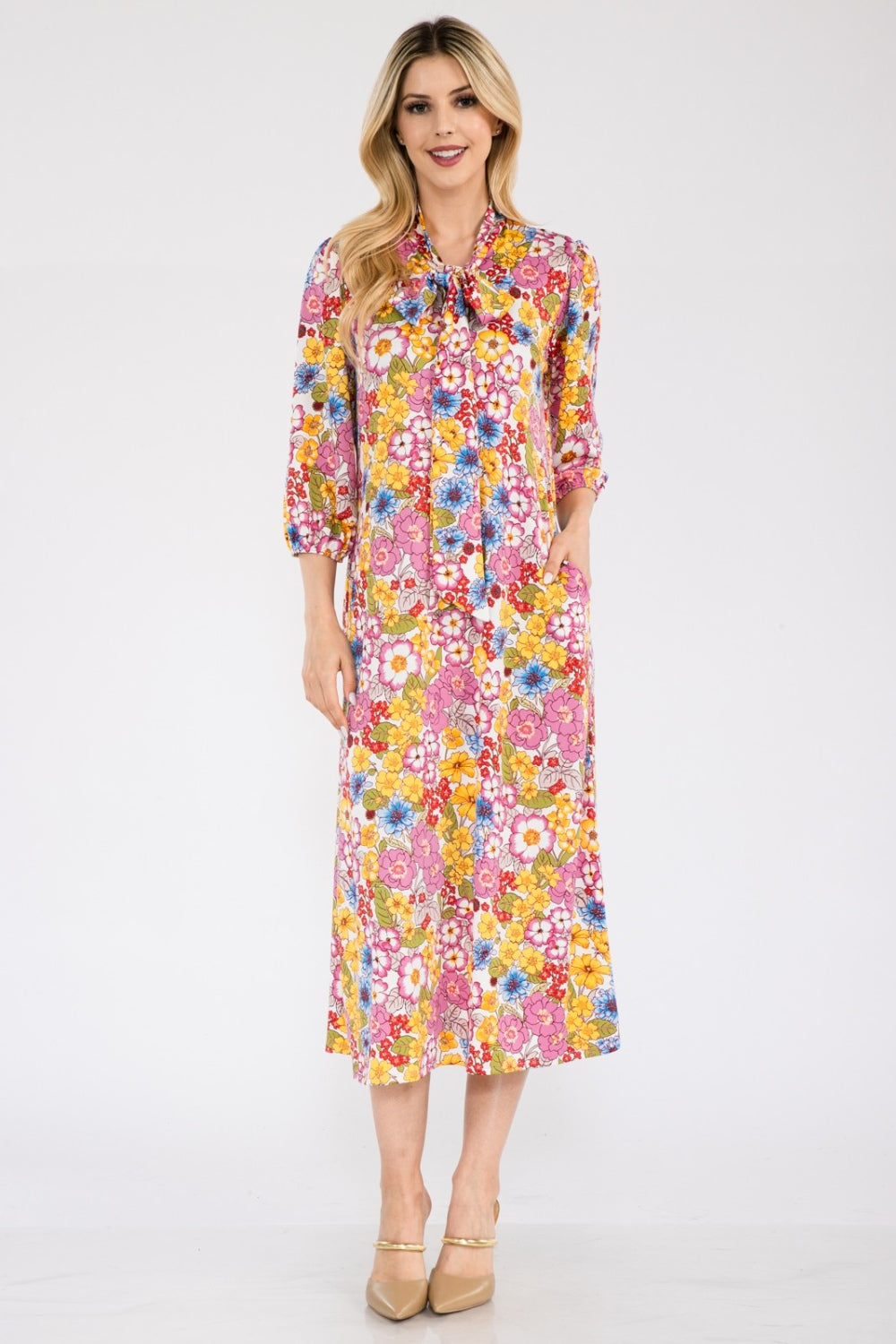 Size Small to 3XL Floral Midi Dress with Bow Tie - Tigbul's Variety Fashion Shop