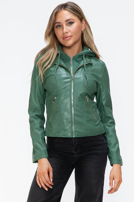 Faux Leather Zip Up Drawstring Hooded Jacket in Sage Green