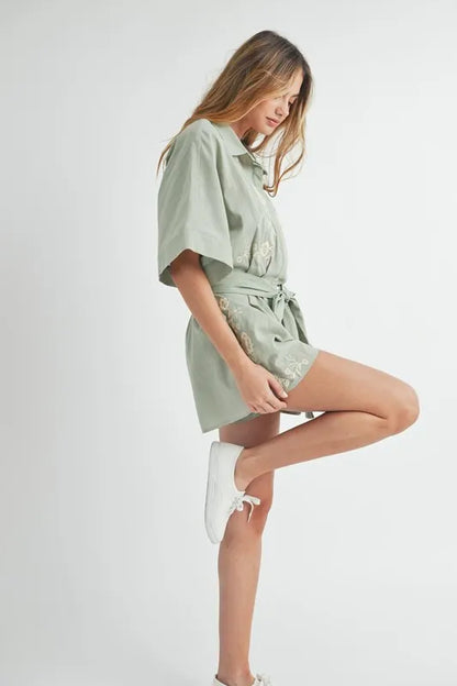 Embroidered Button Down Collared Neck Romper - Tigbul's Variety Fashion Shop