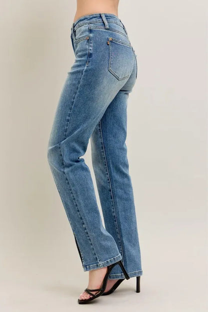 Judy Blue Full Size High Waist Vintage Wash Front Seam & Slit Straight Plus Size - Tigbul's Variety Fashion Shop