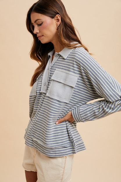 Annie Wear Striped Button Detail Long Sleeve Polo Top - Tigbul's Variety Fashion Shop