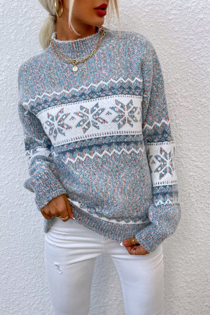 Snowflake Pattern Mock Neck Sweater - Tigbul's Variety Fashion Shop