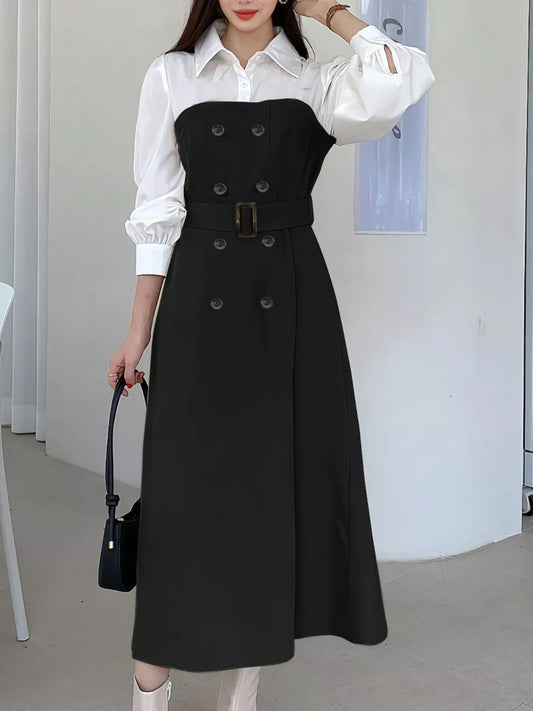 Two Tone Long Sleeve Collared Neck Dress - Tigbul's Variety Fashion Shop