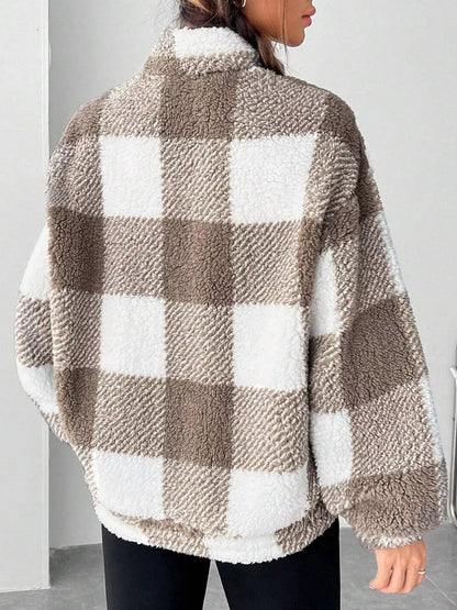 Full Size Plaid Sherpa Long Sleeve Sweatshirt Plus Size - Tigbul's Variety Fashion Shop
