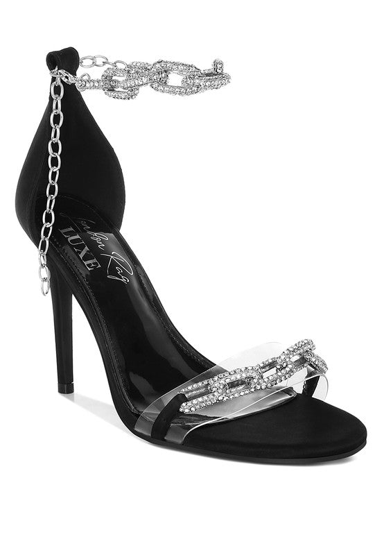Black rhinestone stiletto sandal with chain anklet and jeweled ankle strap