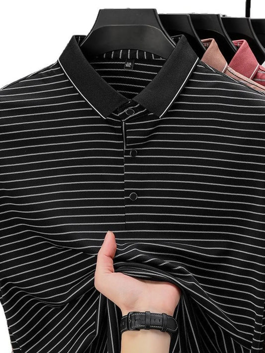 Men's Full Size Striped Button Detail Short Sleeve Polo Plus Size - Tigbul's Variety Fashion Shop