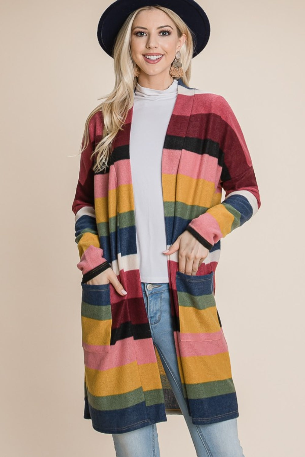 BOMBOM Color Block Striped Open Front Cardigan - Tigbul's Variety Fashion Shop