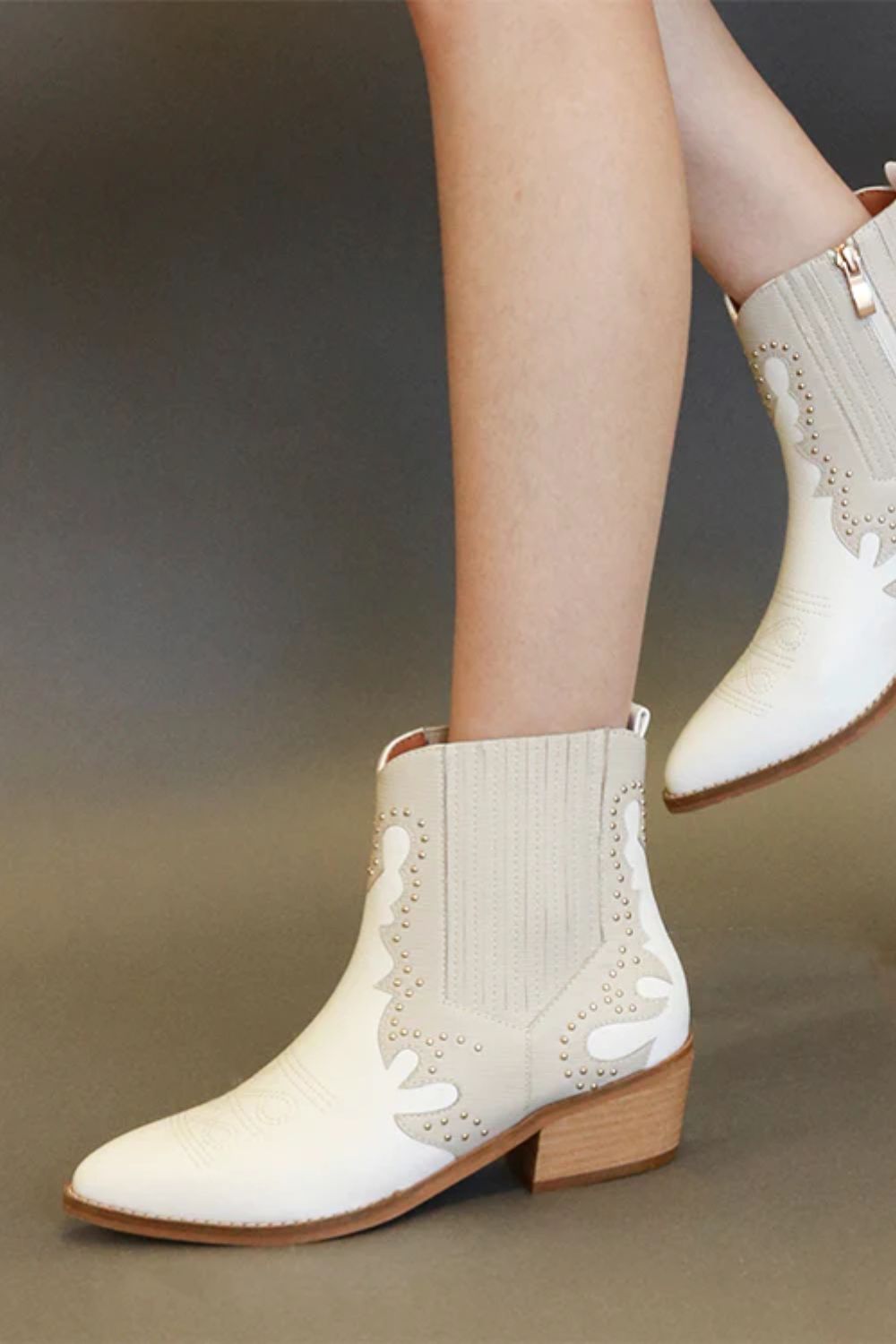 White Studded Detail Point Toe Boots