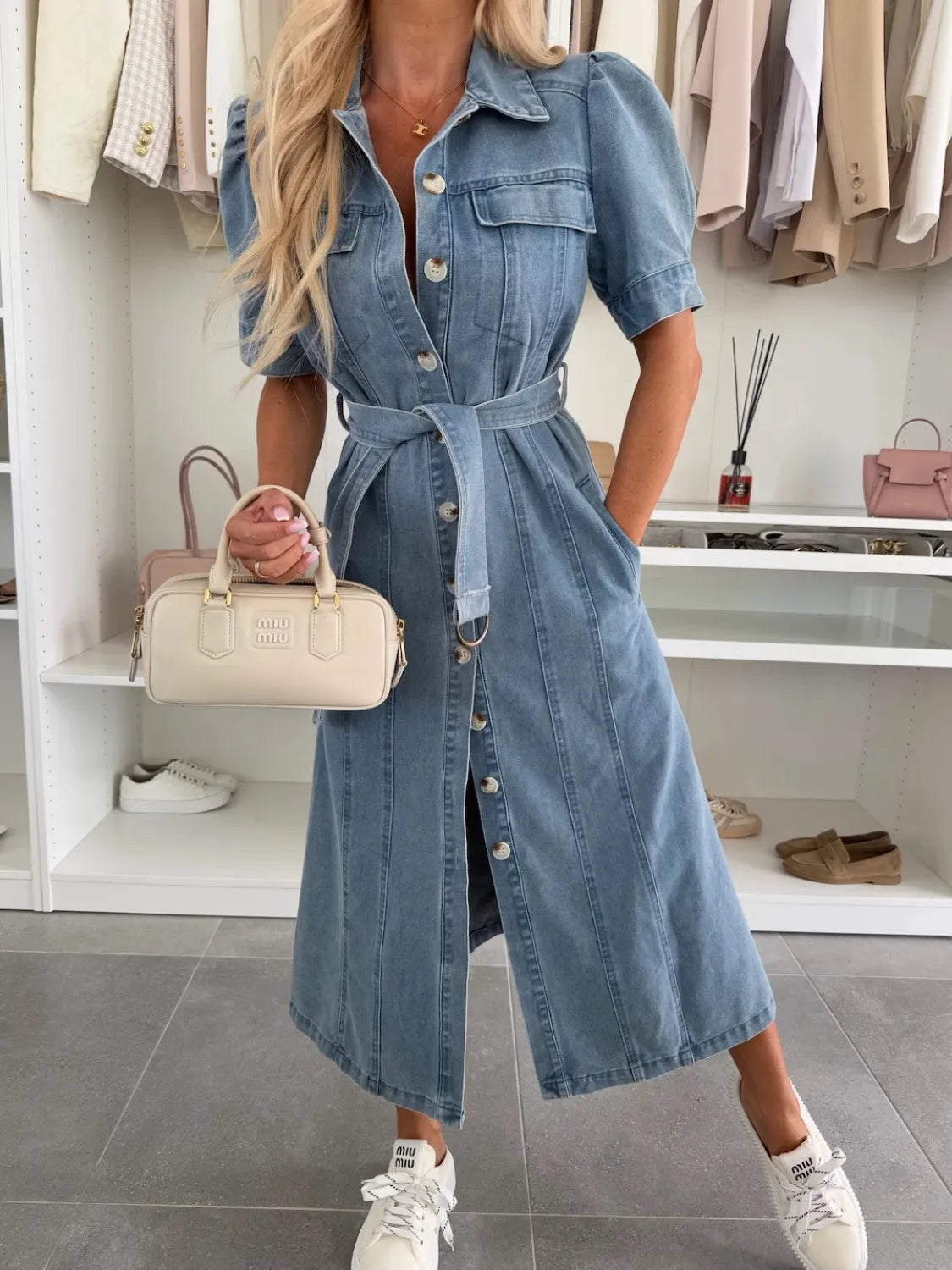 Puff Sleeve Button Down Belted Denim Midi Dress - Tigbul's Variety Fashion Shop
