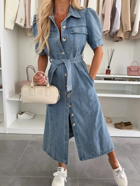 Puff Sleeve Button Down Belted Denim Midi Dress - Tigbul's Variety Fashion Shop