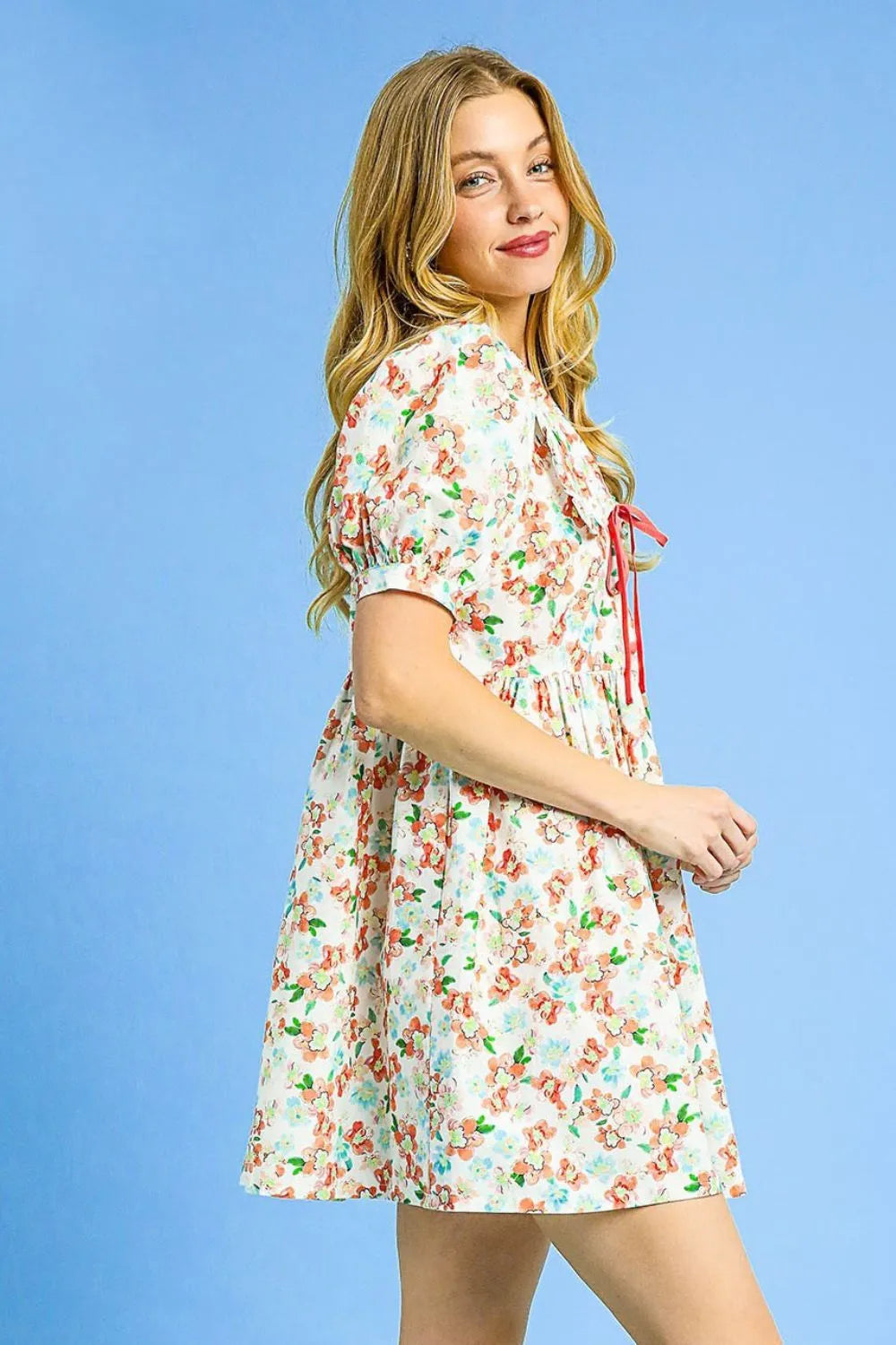 Umgee Floral Print Puff Sleeve Tie Front Mini Dress - Tigbul's Variety Fashion Shop
