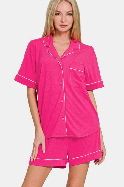 Zenana Button Down Short Sleeve Top and Shorts Lounge Set - Tigbul's Variety Fashion Shop