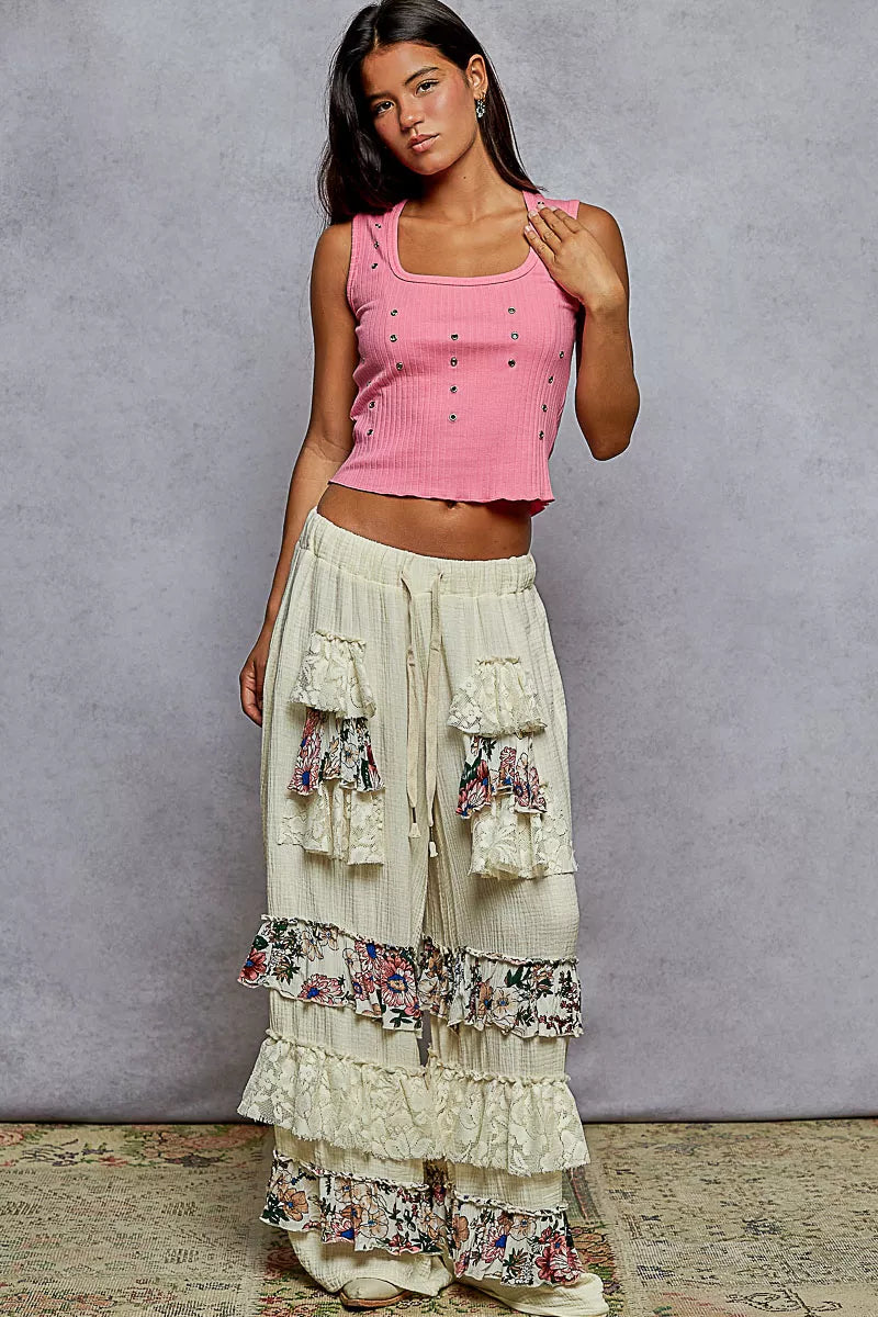 POL Drawstring Double Gauze Wide Leg Pants with Print and Lace Ruffle - Tigbul's Variety Fashion Shop