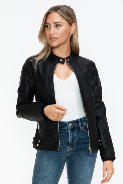 Black Faux Leather Biker Jacket with Side Zip Pockets