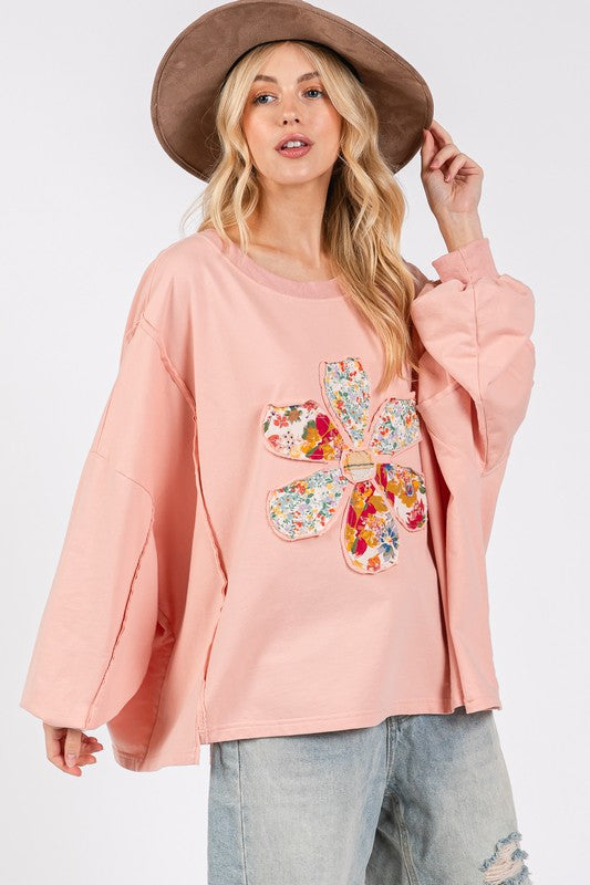 Pink Flower Patch Dropped Shoulder Oversize Top - Tigbul's Variety Fashion Shop