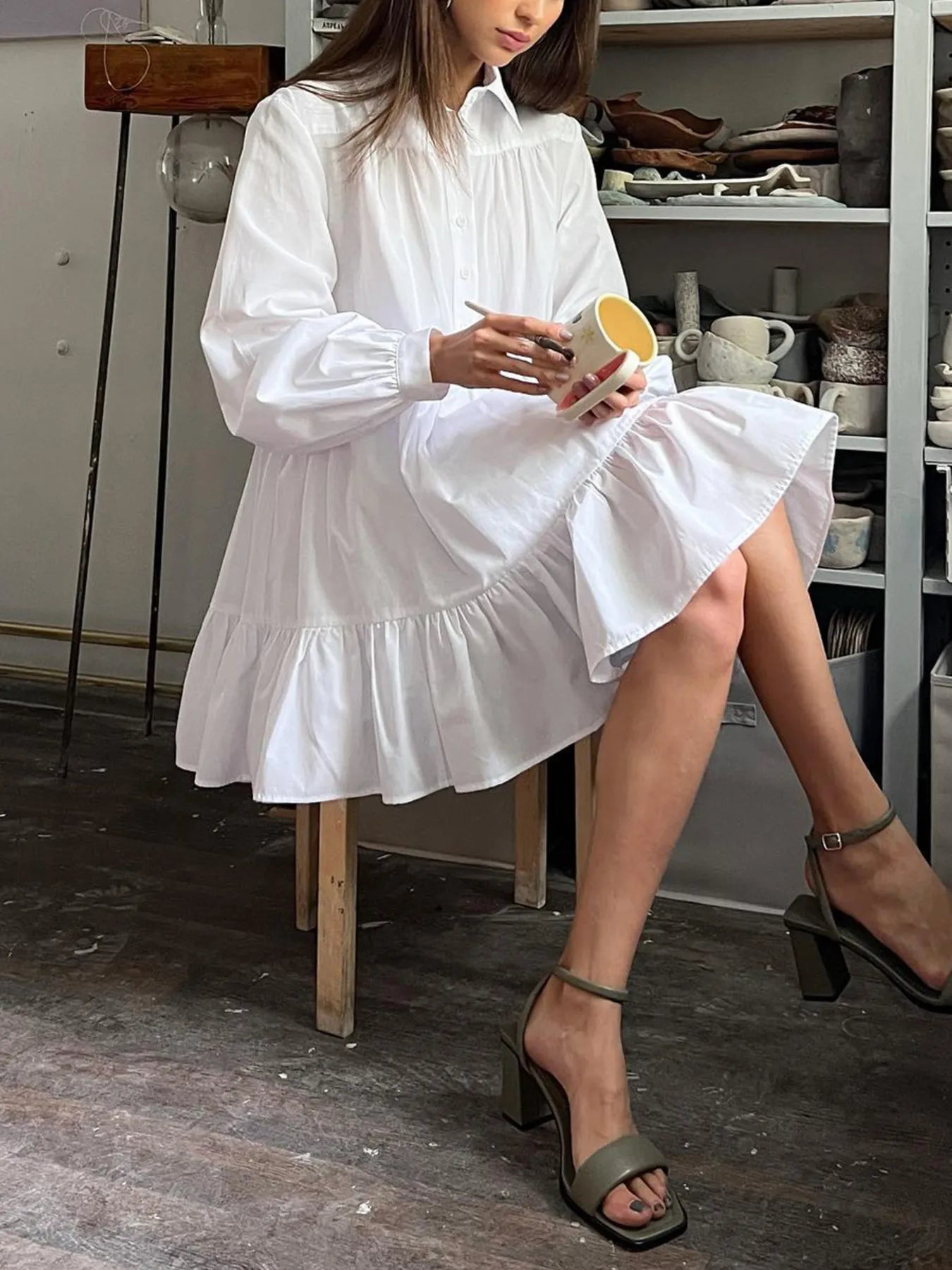 Tiered Long Sleeve Shirt Dress - Tigbul's Variety Fashion Shop