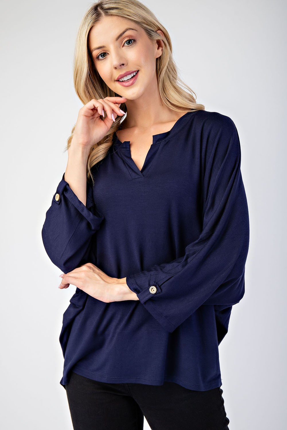 Celeste Full Size Notched Three-Quarter Sleeve Blouse - Tigbul's Variety Fashion Shop