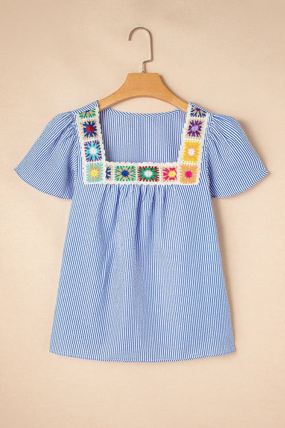 Stripe Textured Ruffle Short Sleeve Boho Detail Square Neck Blouse - Tigbul's Variety Fashion Shop