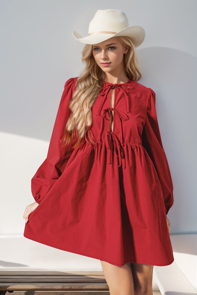 Tied Long Sleeve Mini Dress - Tigbul's Variety Fashion Shop