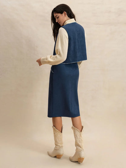 Open Front Vest and Buttoned Skirt Set - Tigbul's Variety Fashion Shop