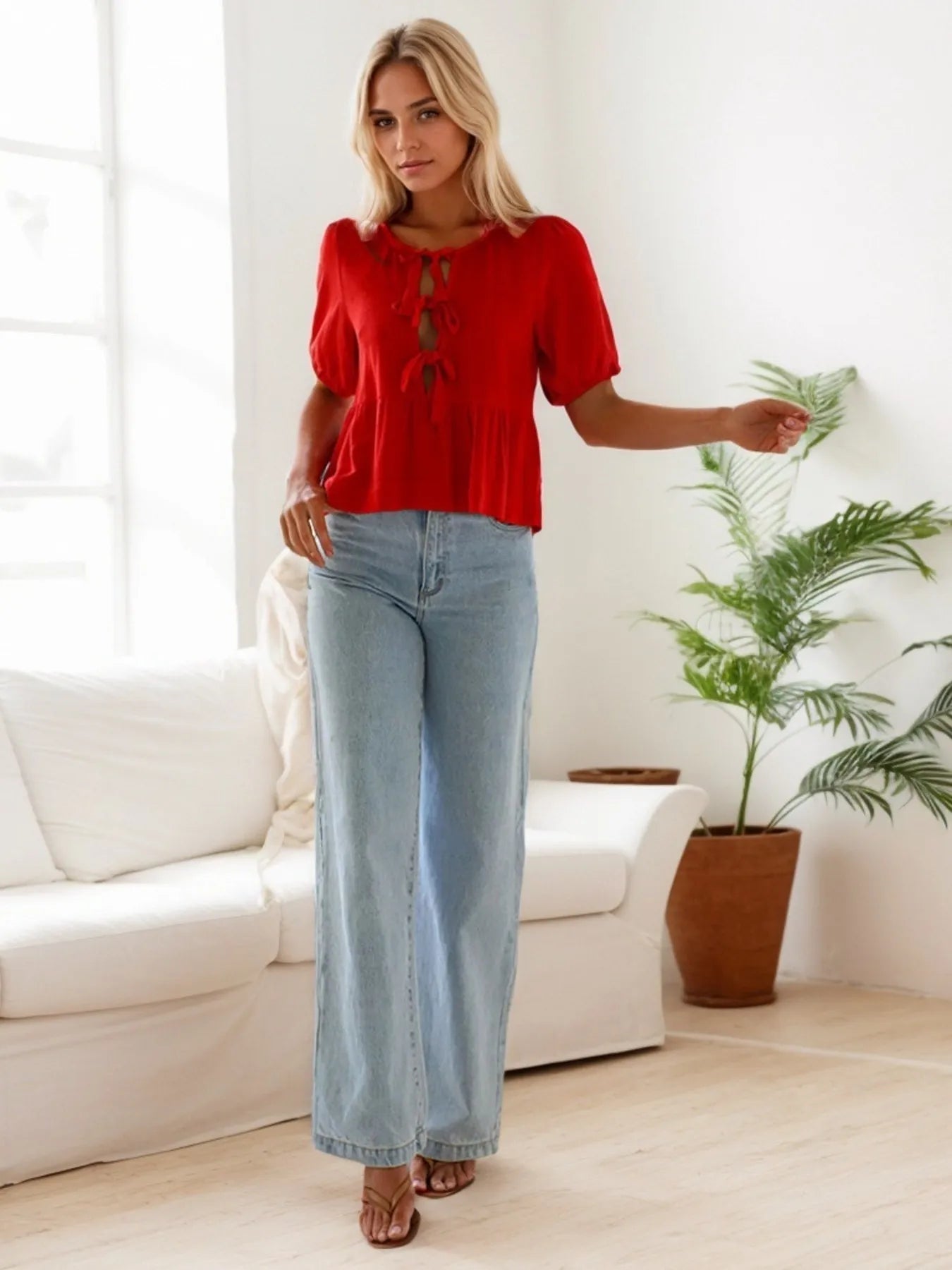 Tie-Front Short Sleeve Blouse - Tigbul's Variety Fashion Shop