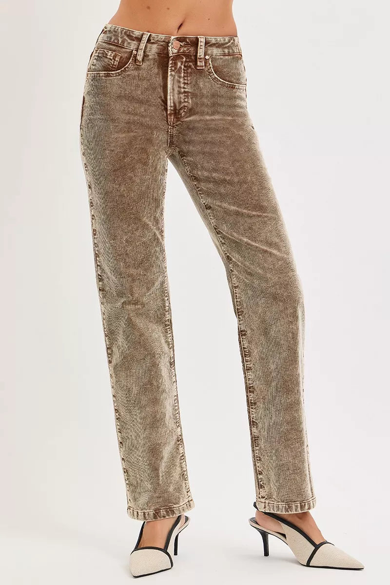 RISEN Tummy Control Mid Rise Straight Leg Corduroy Pants - Tigbul's Variety Fashion Shop