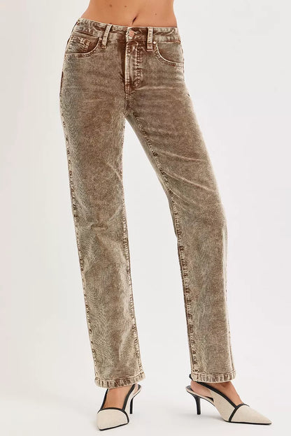 RISEN Tummy Control Mid Rise Straight Leg Corduroy Pants - Tigbul's Variety Fashion Shop