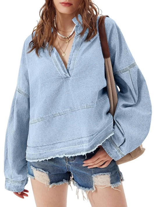 Raw Hem Long Sleeve Denim Top - Tigbul's Variety Fashion Shop