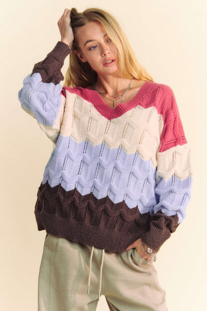 Davi & Dani Wavy Texture Color Block V-Neck Sweater - Tigbul's Variety Fashion Shop