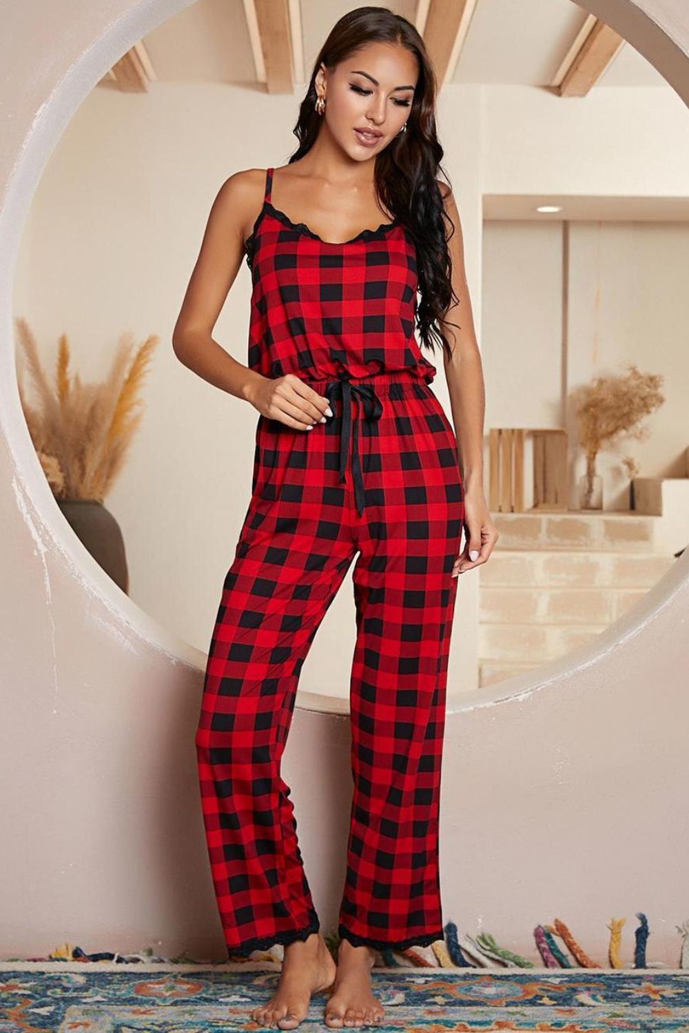 Plaid Lace Trim Spaghetti Strap Jumpsuit - Tigbul's Variety Fashion Shop