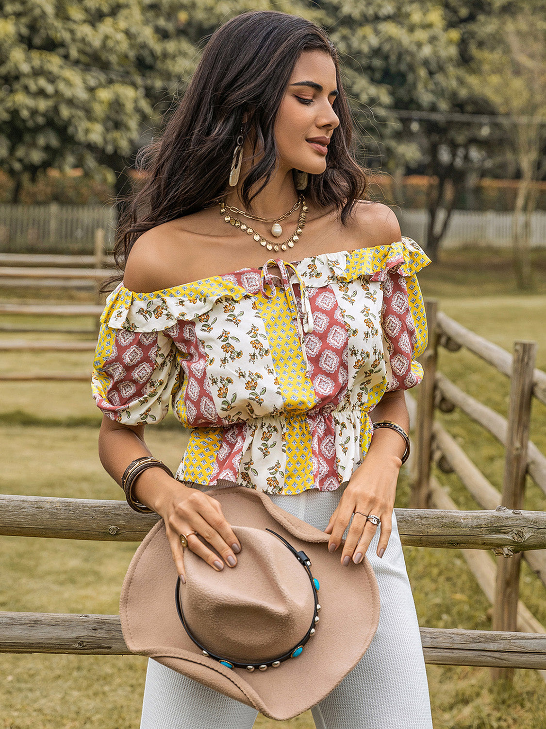 Ruffled Printed Off-Shoulder Short Sleeve Blouse - Tigbul's Variety Fashion Shop