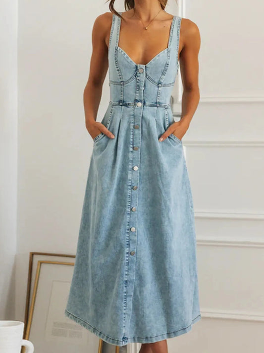 Sweetheart Neck Button-Front Midi Denim Dress - Tigbul's Variety Fashion Shop