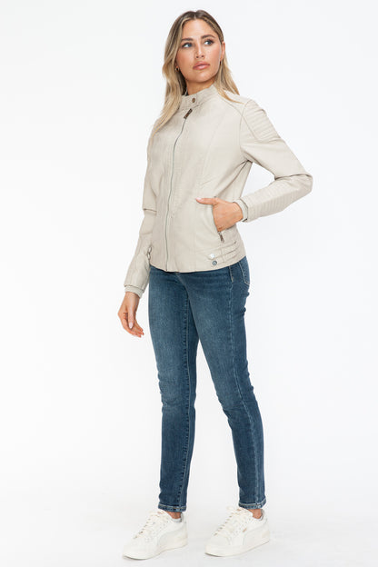 Sand Color Faux Leather Biker Jacket with Side Zip Pockets