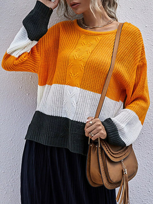 Color Block Round Neck Sweater - Tigbul's Variety Fashion Shop