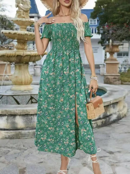 Full Size Slit Off-Shoulder Floral Midi Dress Plus Size - Tigbul's Variety Fashion Shop
