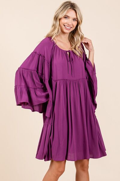 Red-Violet Frill Tie Neck Bell Sleeve Dress - Tigbul's Variety Fashion Shop