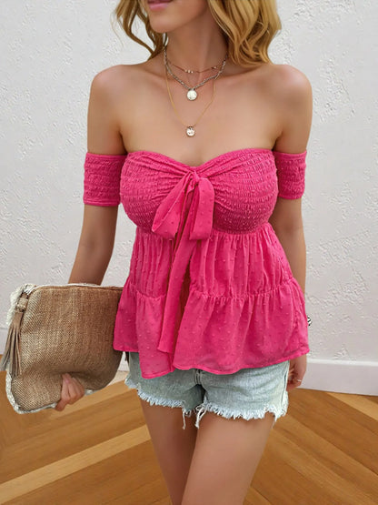 Off-Shoulder Smocked Bow-Tie Blouse - Tigbul's Variety Fashion Shop