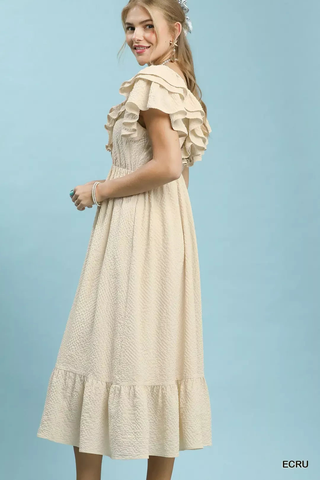 Umgee Textured Ruffle Midi Dress - Tigbul's Variety Fashion Shop