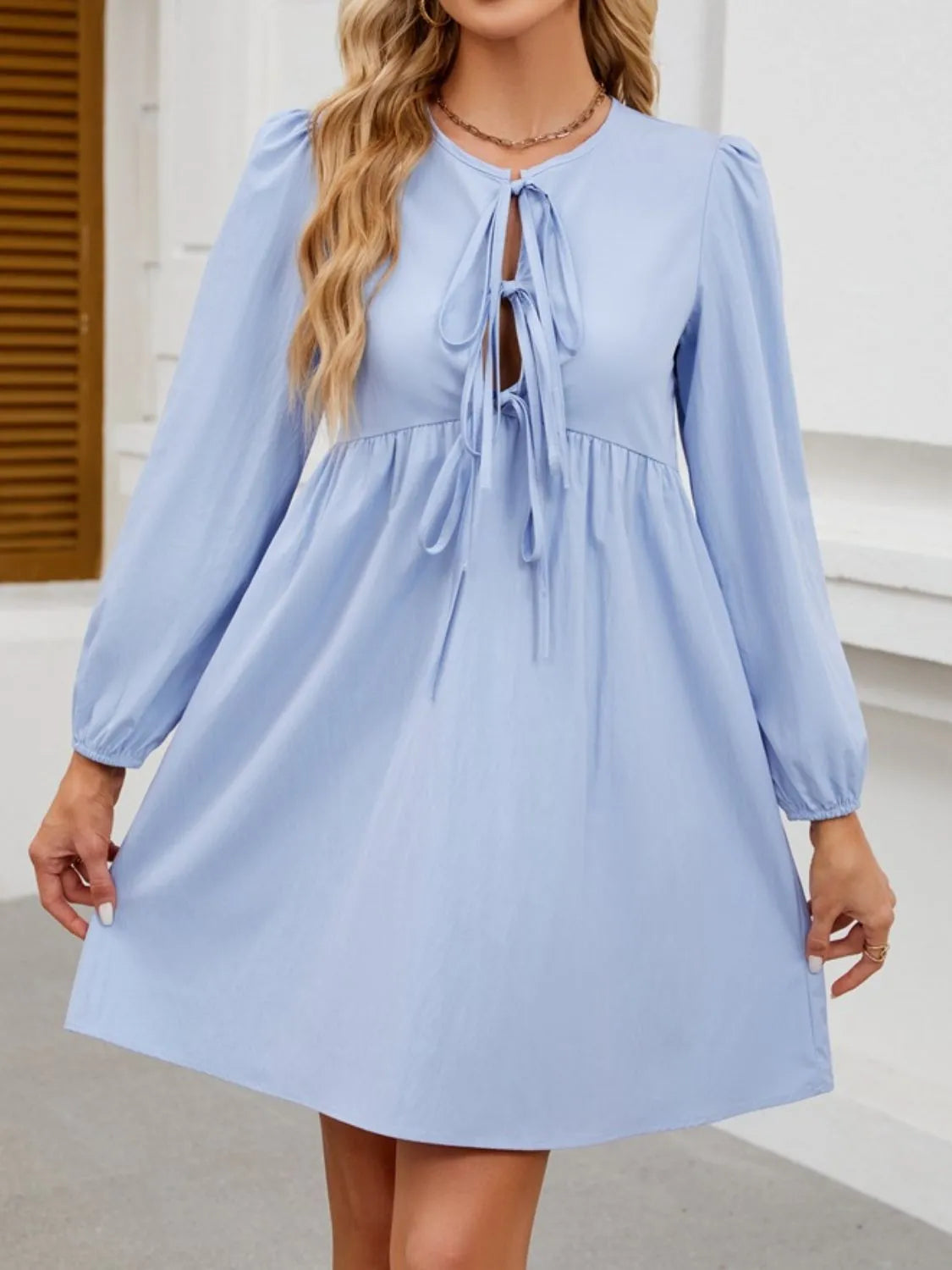 Tie Front Long Sleeve Mini Dress - Tigbul's Variety Fashion Shop