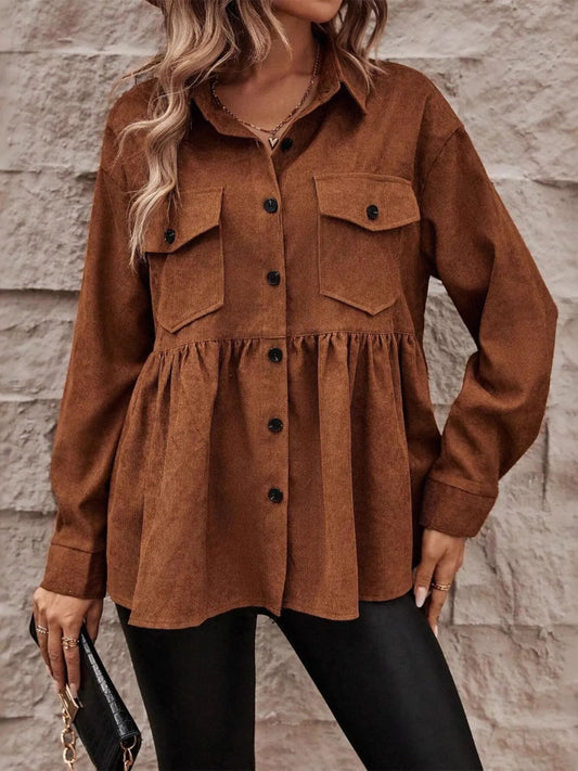 Corduroy Button-Up Peplum Jacket - Tigbul's Variety Fashion Shop