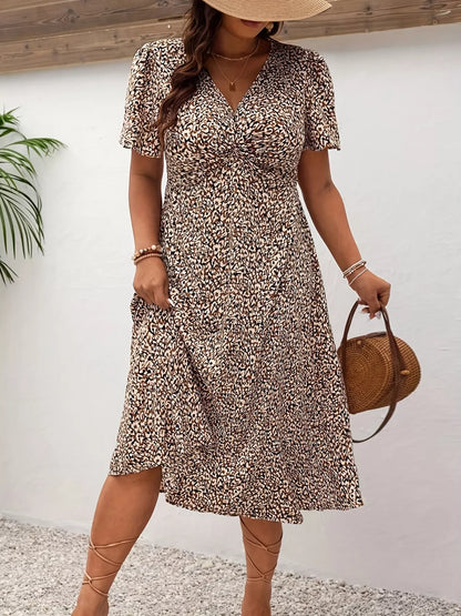 Plus Size Printed V-Neck Short Sleeve Midi Dress - Tigbul's Variety Fashion Shop