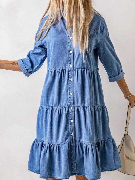 Full Size Ruffled Hem Button Up Denim Midi Dress Plus Size - Tigbul's Variety Fashion Shop
