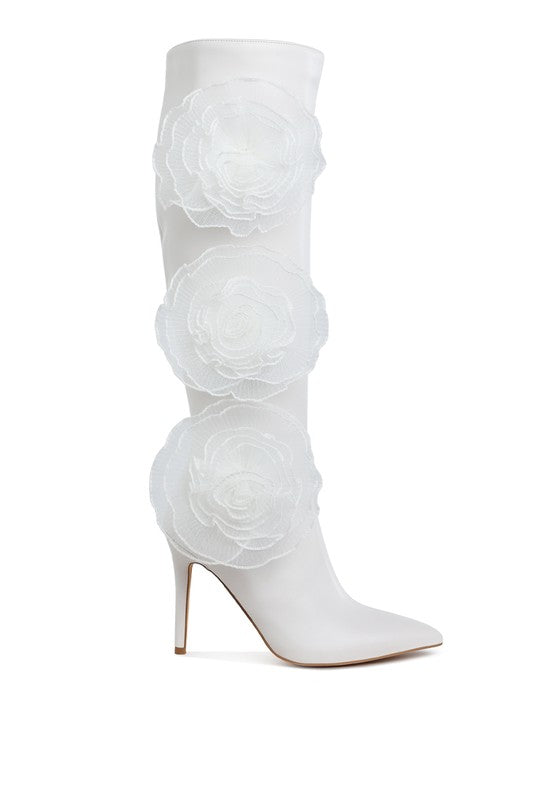 Chinkara Sheer Big Rose Detail Long 4" High Heel Boots - Tigbul's Variety Fashion Shop