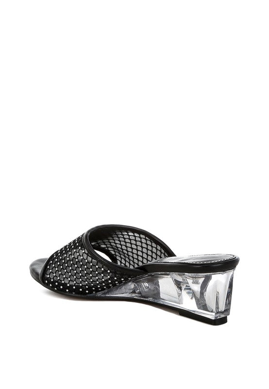 Black mesh slip-on sandal with clear block wedge heel and open toe
